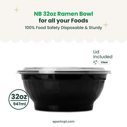 729 | 32oz PP Black Noodle Bowl | Takeout Food Bowl | 150 Sets