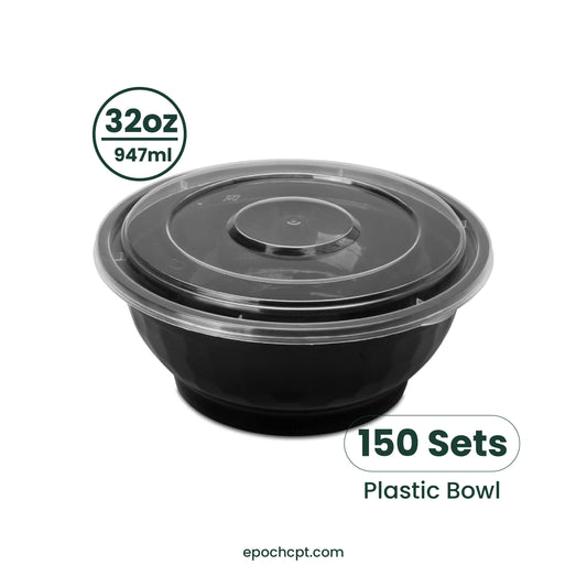 729 | 32oz PP Black Noodle Bowl | Takeout Food Bowl | 150 Sets