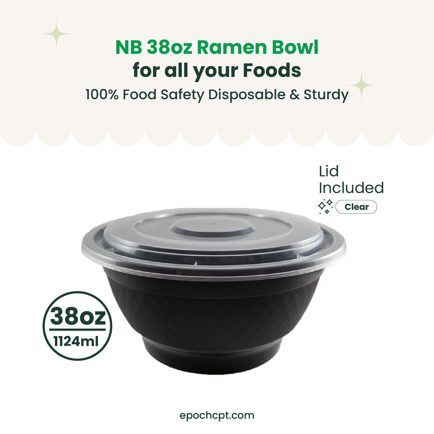 NB38 | 38oz PP Black Noodle Bowl | Takeout Food Bowl |  150 Sets