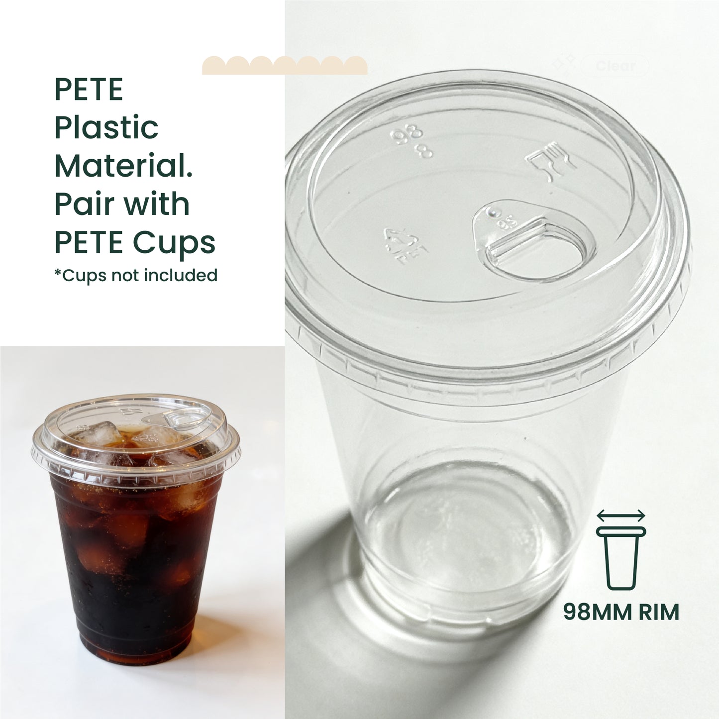 98mm | PETE Ultra Clear Sipper Lid with Die-Cut Hole | for PET Cups | 1000 pcs