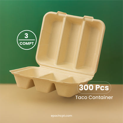 Sugarcane Taco Container | 3-Compts  | Compostable Takeout Food Container | 300 pcs