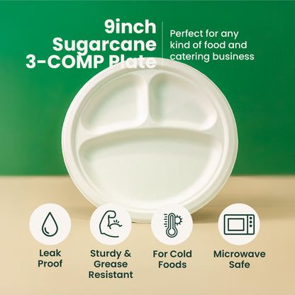 9 inches |  Sugarcane 3-Compartment Bagasse Round Plate | Compostable Disposable Plates | 500 pcs