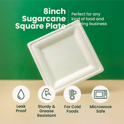 8 inches | Sugarcane Square Plates | Compostable Disposable Bowls | 500 pcs