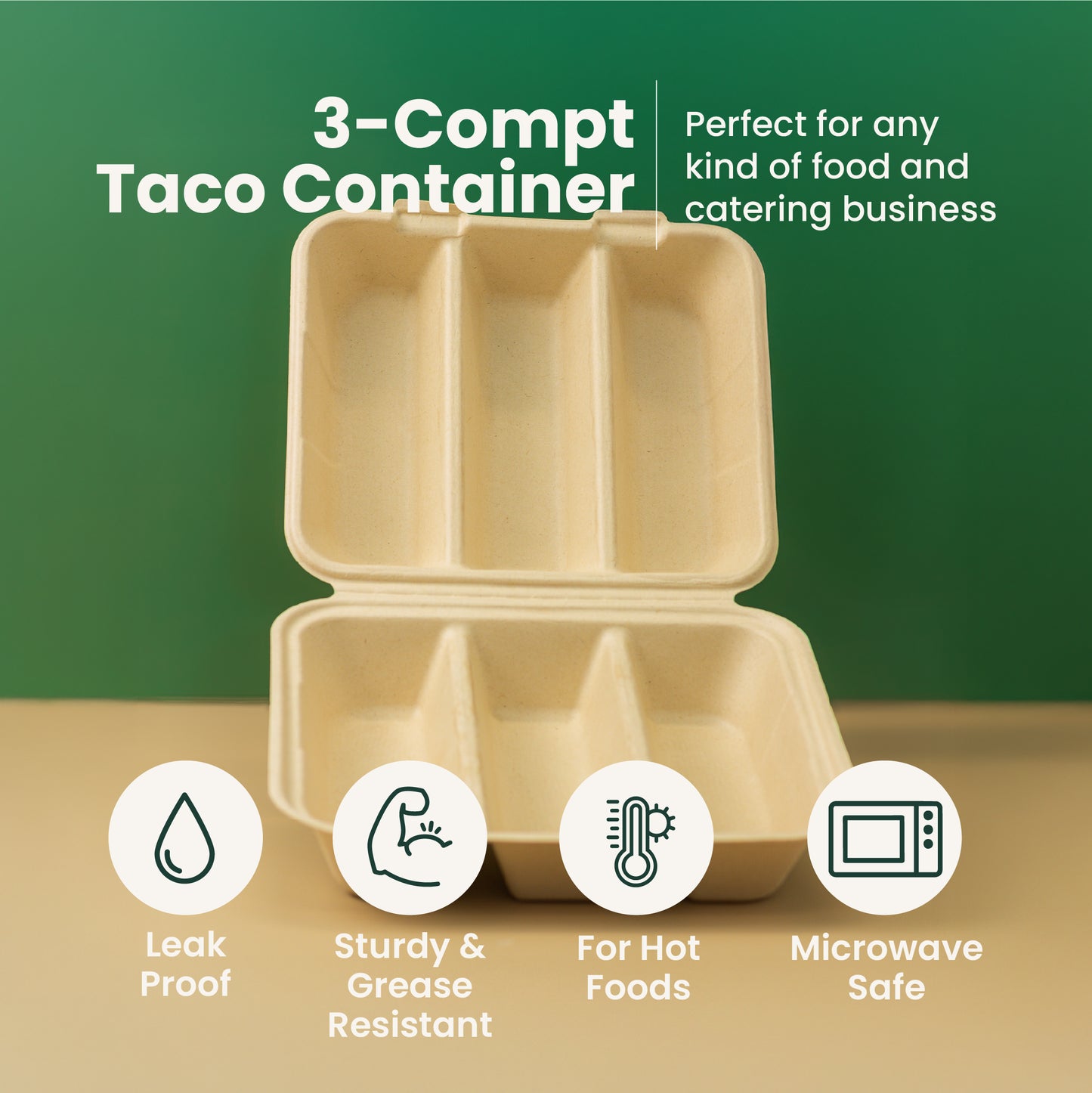 Sugarcane Taco Container | 3-Compts  | Compostable Takeout Food Container | 300 pcs