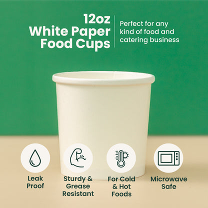 12 oz | White Double Poly-Coated Paper Food Cup | Disposable Soup Cup | 500 pcs