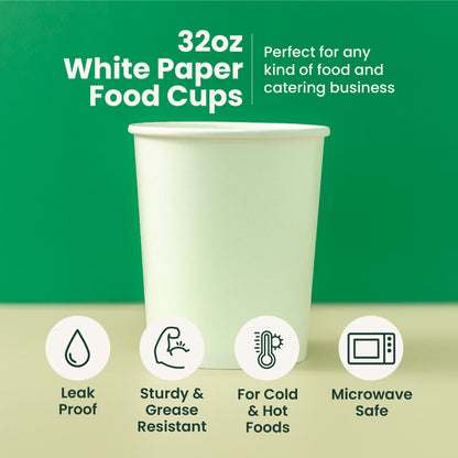 32 oz | White Double Poly-Coated Paper Food Cup | Large Soup & Food Cup | 500 pcs