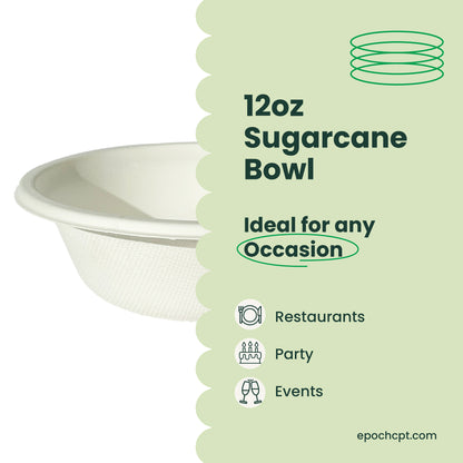 12 oz |  (340ml) Round Sugarcane Bagasse Bowls | Compostable Disposable Bowls | 1000 pcs