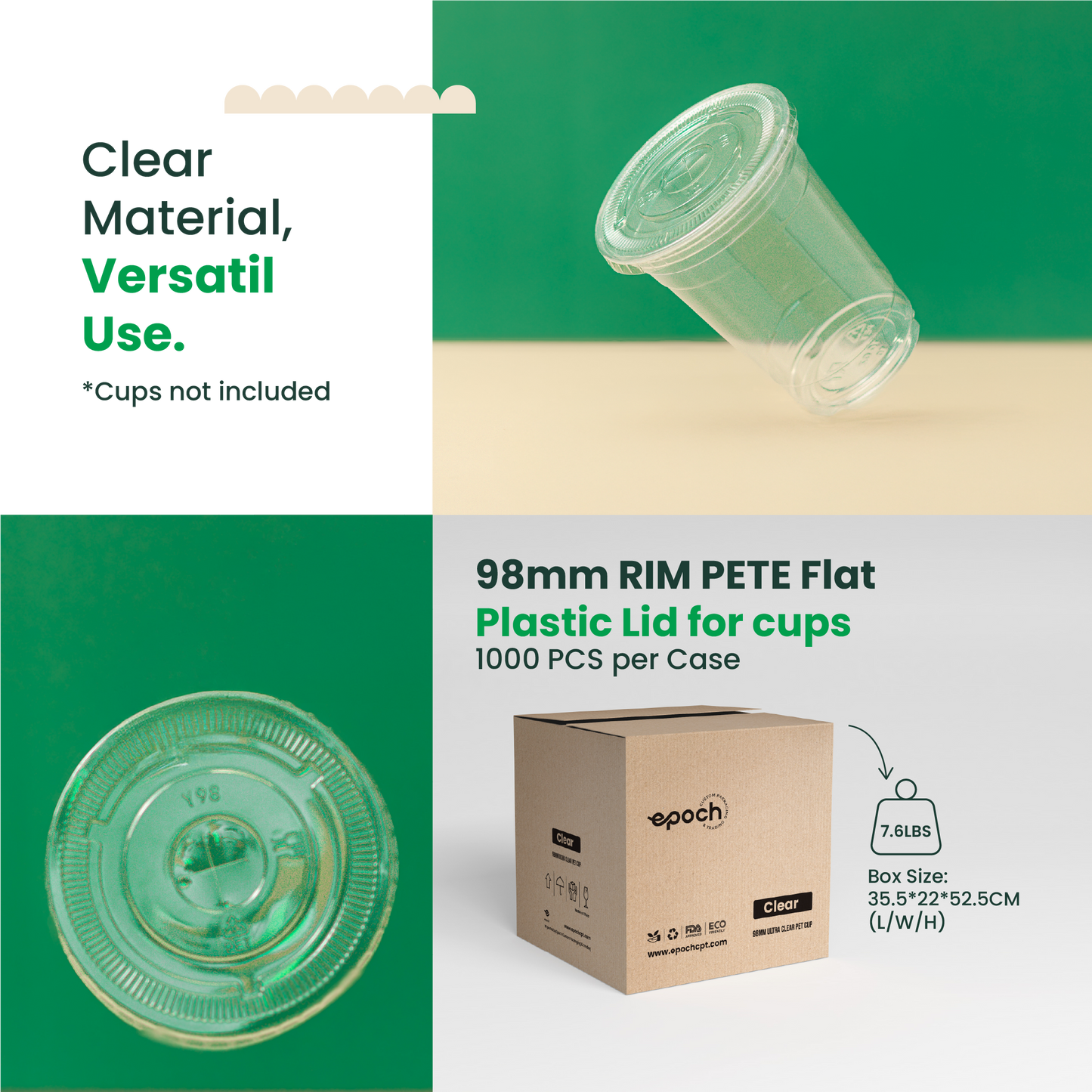 98mm | PETE Ultra Clear Flat Lid with Die-Cut Hole | for PET Cups | 1000 pcs