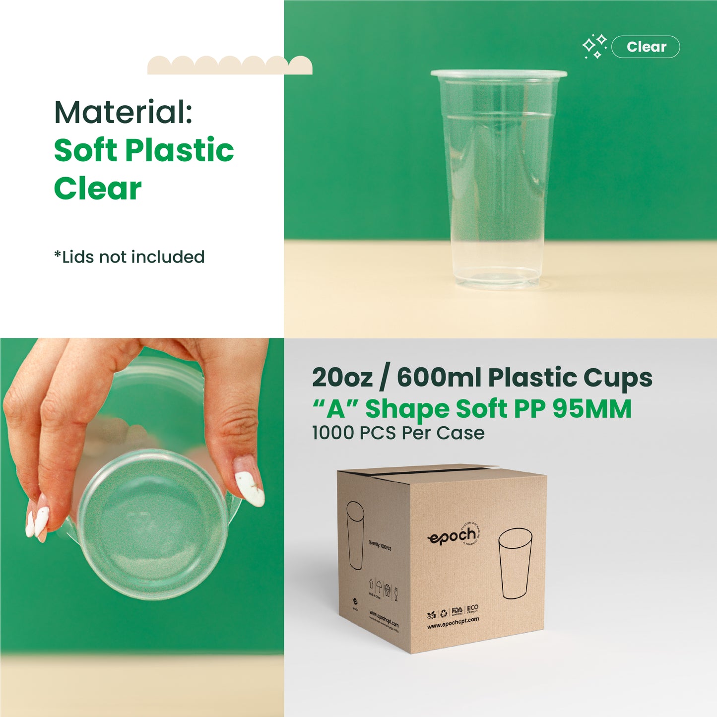 20oz A-Shape Soft PP Clear Plastic Cup | 95MM | 600ml Crystal Cup