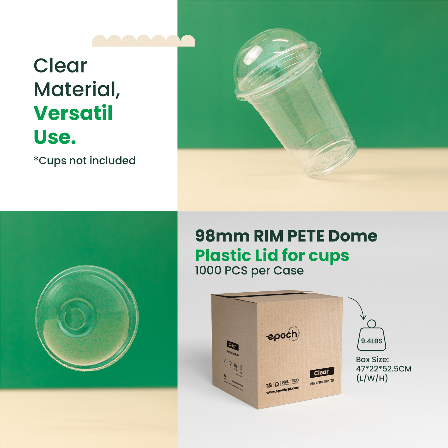 98mm | PETE Ultra Clear Dome Lid with Die-Cut Hole | for PET Cups | 1000 pcs