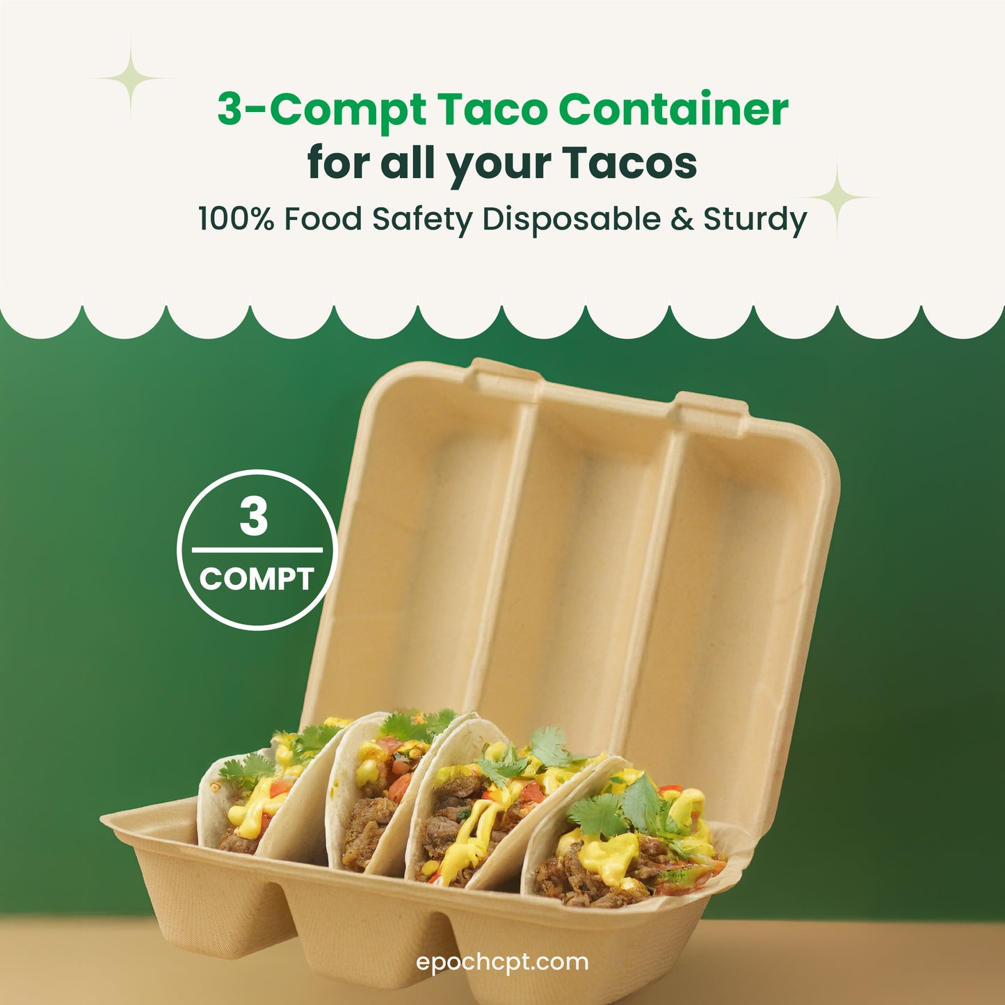 Sugarcane Taco Container | 3-Compts  | Compostable Takeout Food Container | 300 pcs