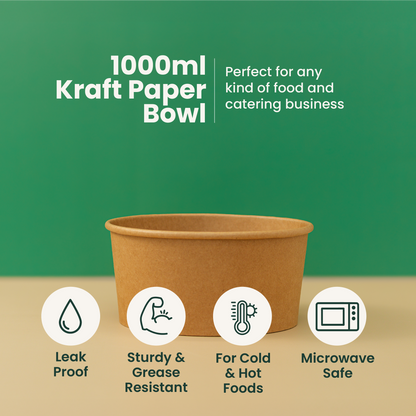 1000ml | 32oz Round Kraft Microwavable Take-Out Bowl | 300 pcs