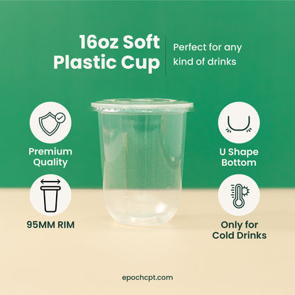 16oz | U-Shape | Clear | Soft Thin Wall Plastic Cold Cup | 95MM | 500ml Crystal Cup