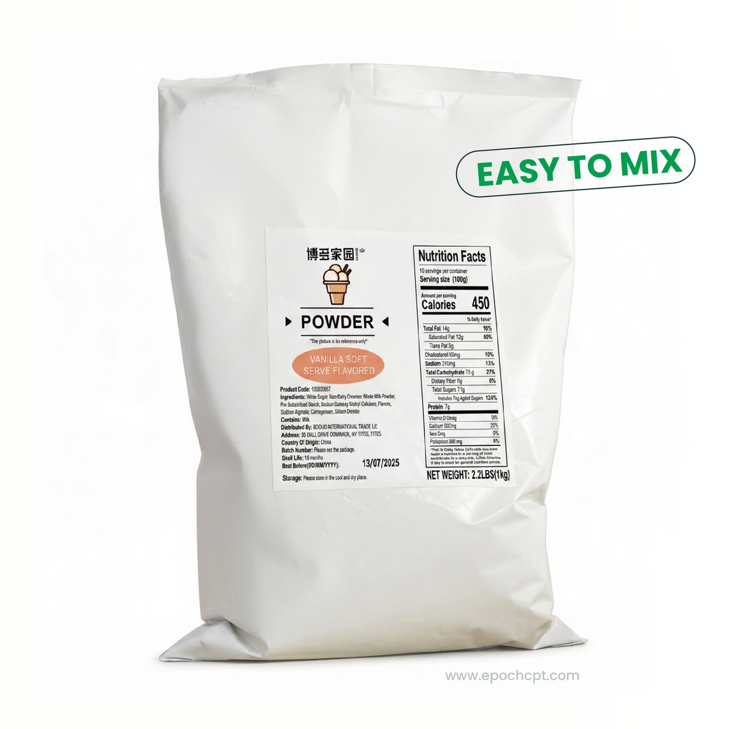 White powder packaging with nutrition facts label on a white background