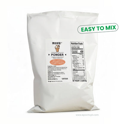 White powder packaging with nutrition facts label on a white background