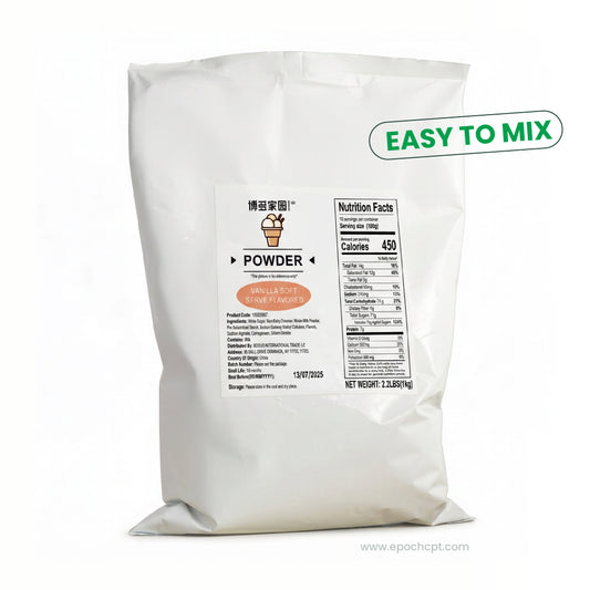 White powder packaging with nutrition facts label on a white background