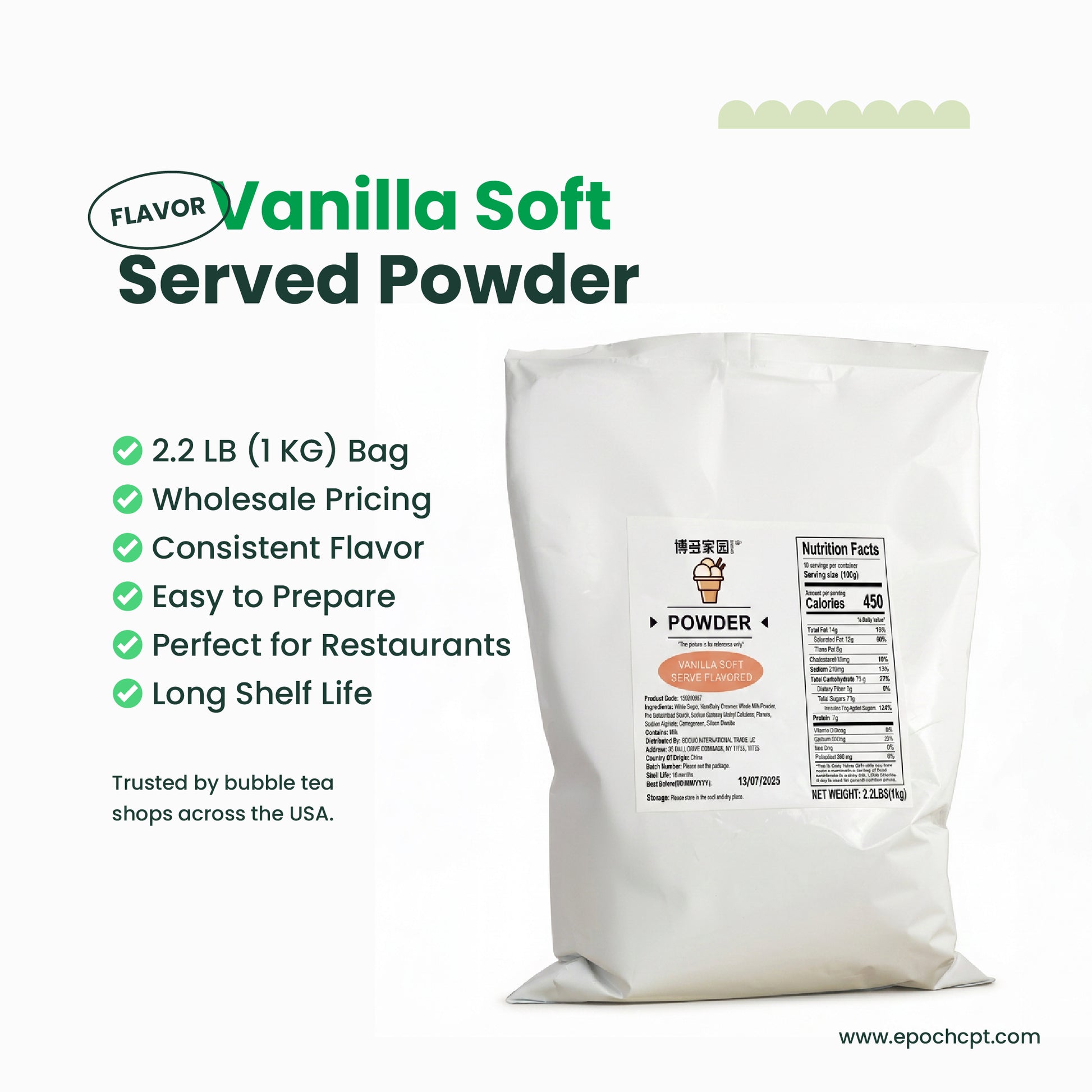 Bag of Vanilla Soft Served Powder with product details on a white background