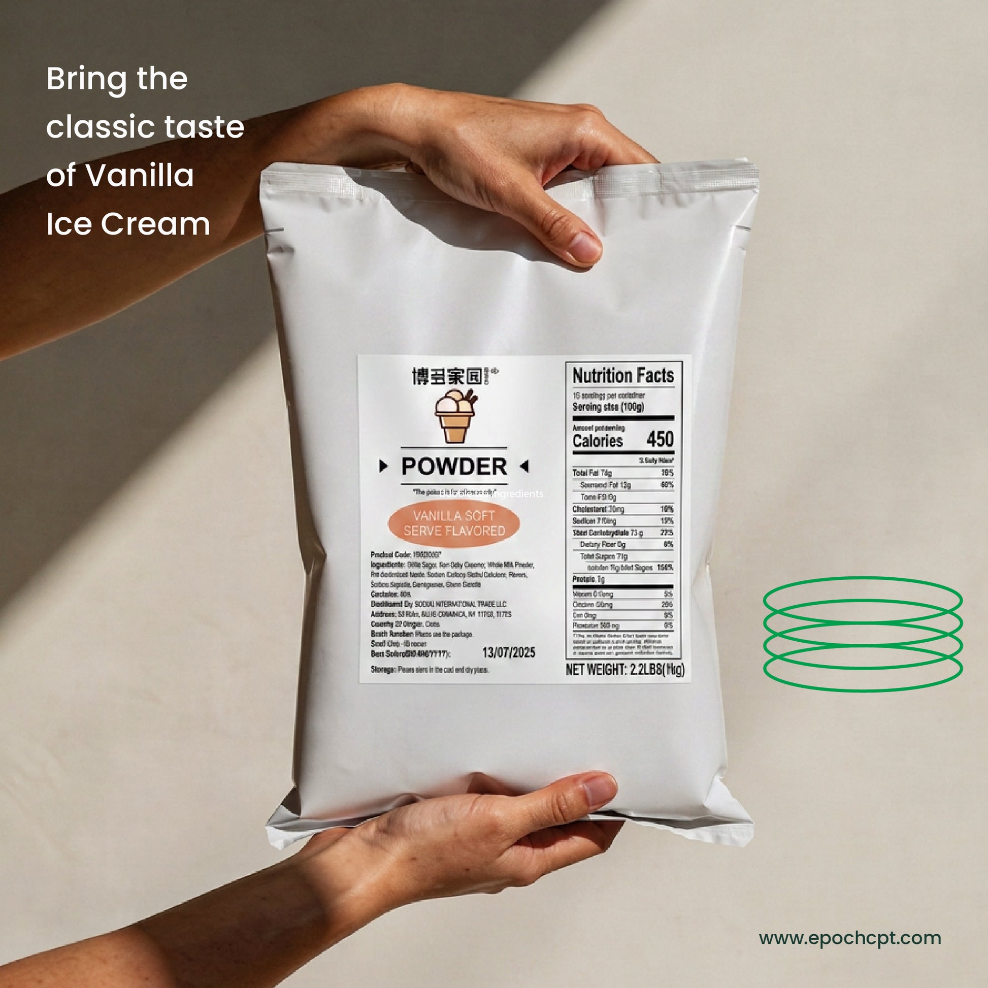 Hand holding a package of vanilla ice cream powder with nutrition facts label on a neutral background