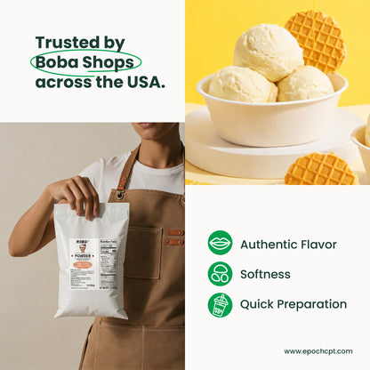 Bowl of ice cream with waffle cookies and person holding a package, labeled 'Trusted by Boba Shops across the USA'.