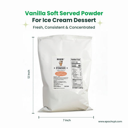 Bag of vanilla soft served powder for ice cream dessert with dimensions and website information.