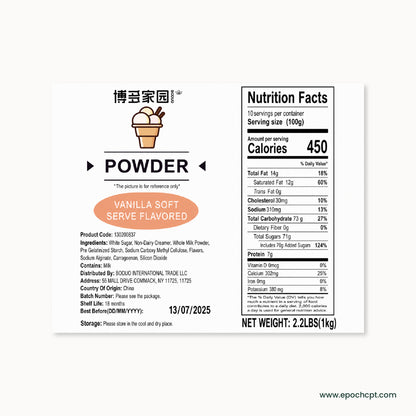 Nutrition facts label for vanilla soft serve flavored powder on a white background